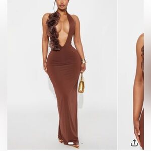 Fashion Nova Deep V Maxi Dress - Brown